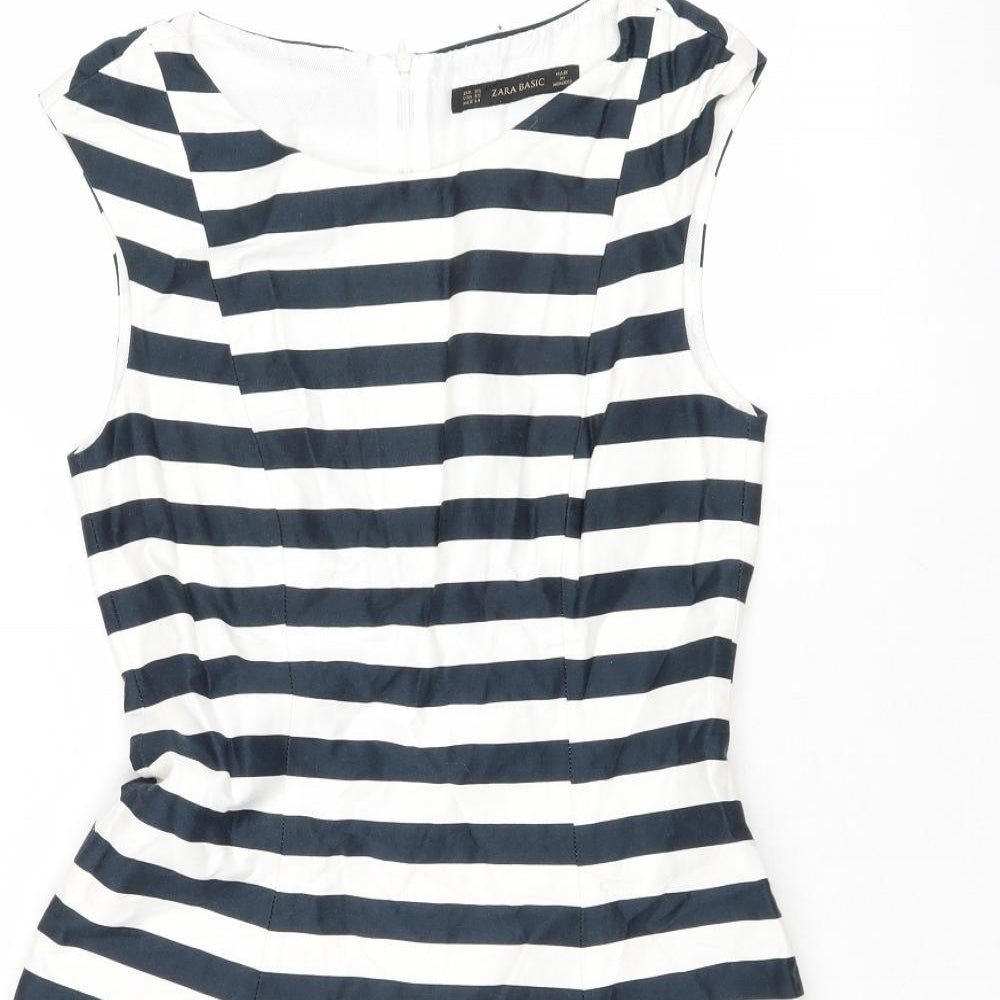 Zara Womens Blue Striped Cotton Fit & Flare Size XS Boat Neck Zip