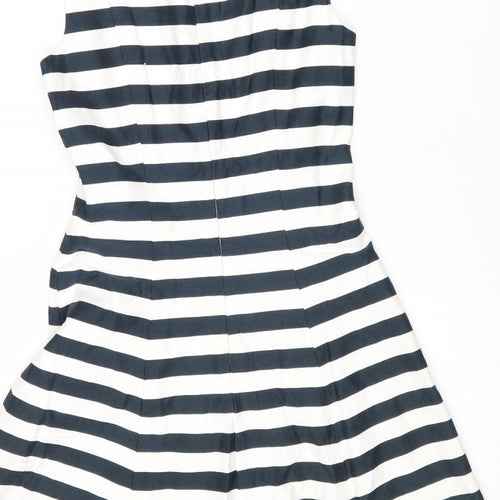 Zara Womens Blue Striped Cotton Fit & Flare Size XS Boat Neck Zip