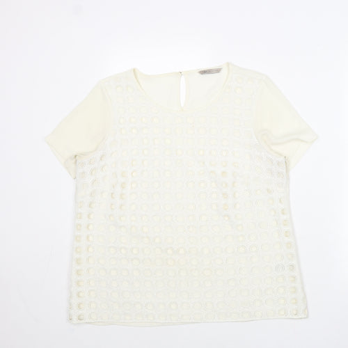 Marks and Spencer Womens Ivory Geometric Polyester Basic T-Shirt Size 14 Round Neck