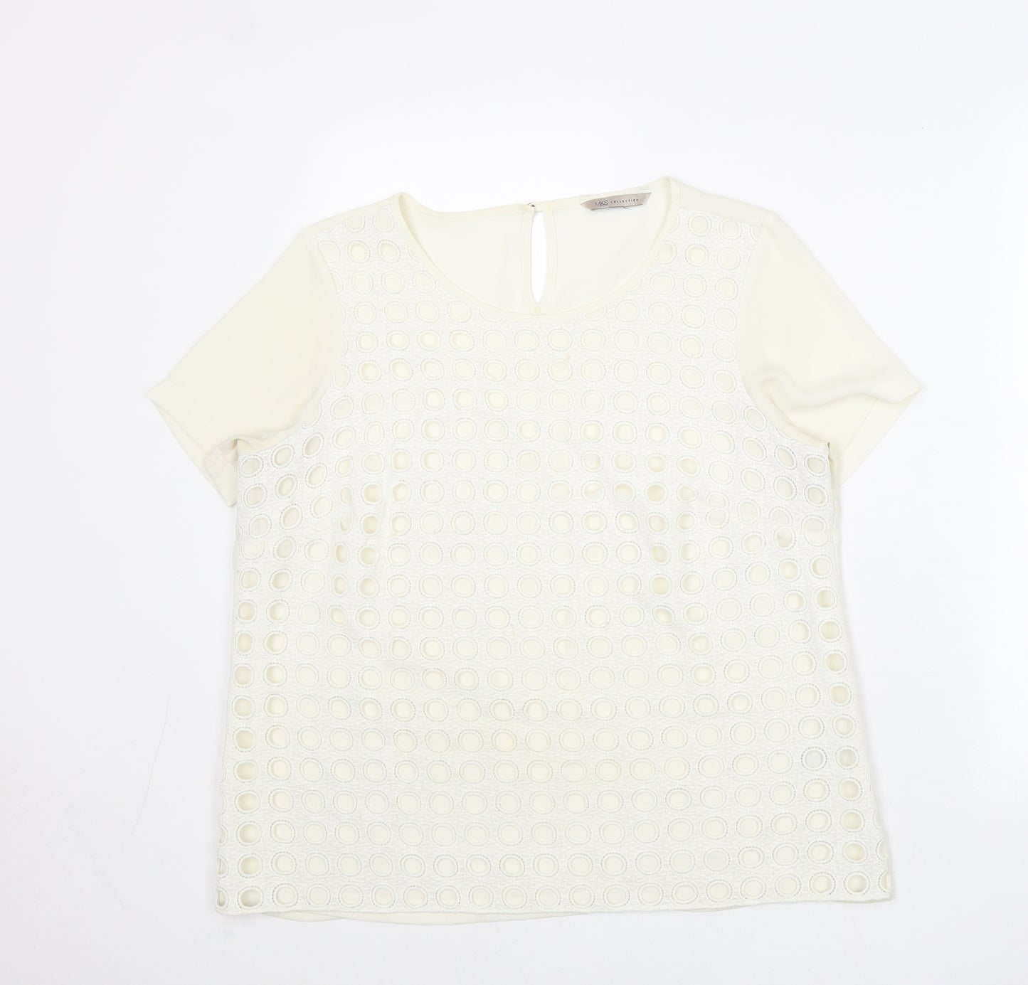Marks and Spencer Womens Ivory Geometric Polyester Basic T-Shirt Size 14 Round Neck