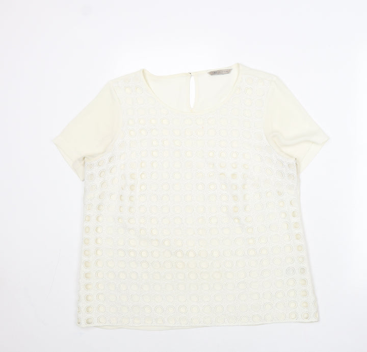 Marks and Spencer Womens Ivory Geometric Polyester Basic T-Shirt Size 14 Round Neck