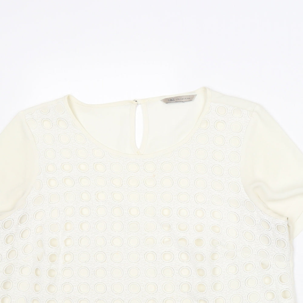 Marks and Spencer Womens Ivory Geometric Polyester Basic T-Shirt Size 14 Round Neck