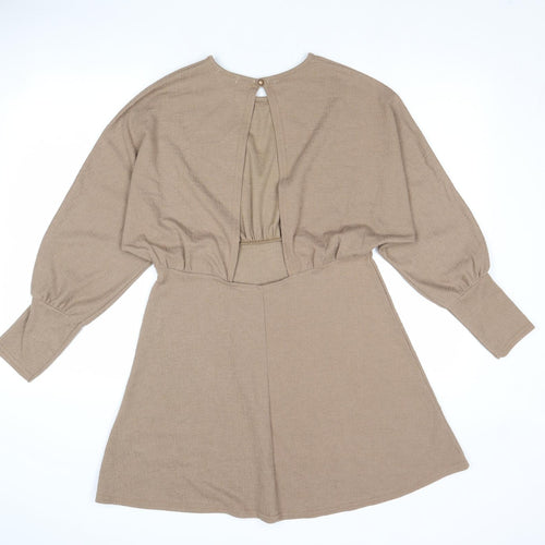 Nasty Gal Womens Brown Polyester Skater Dress Size 12 Round Neck Button - Open Back