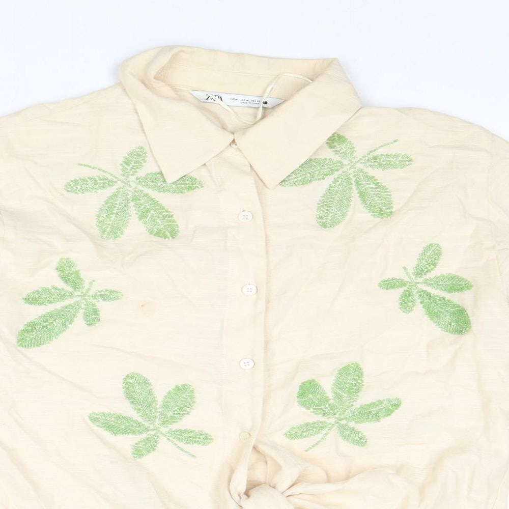 Zara Womens Beige Floral Cotton Basic Button-Up Size M Collared - Knot Front