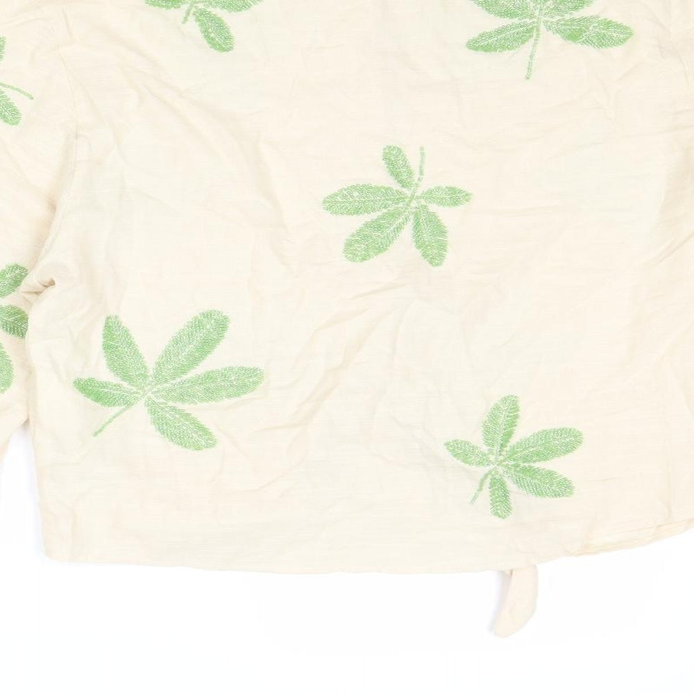 Zara Womens Beige Floral Cotton Basic Button-Up Size M Collared - Knot Front