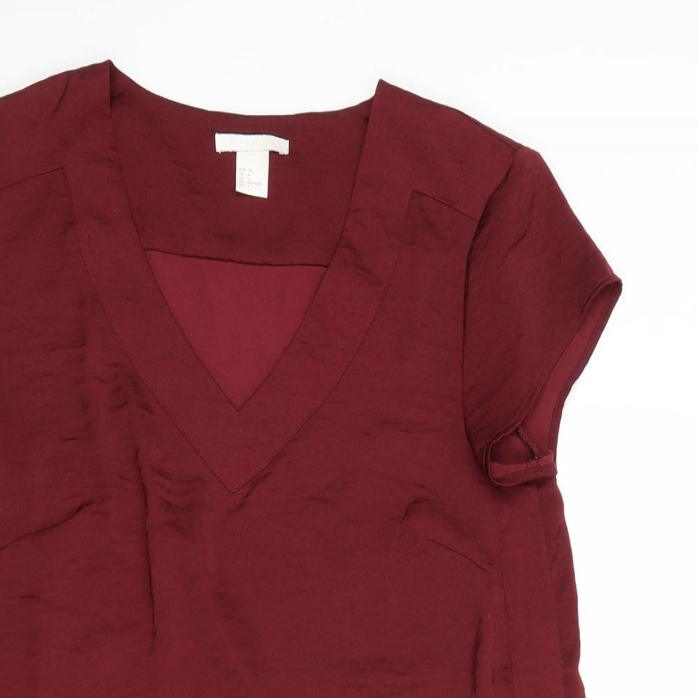 H&M Womens Red Polyester Basic T-Shirt Size 6 V-Neck