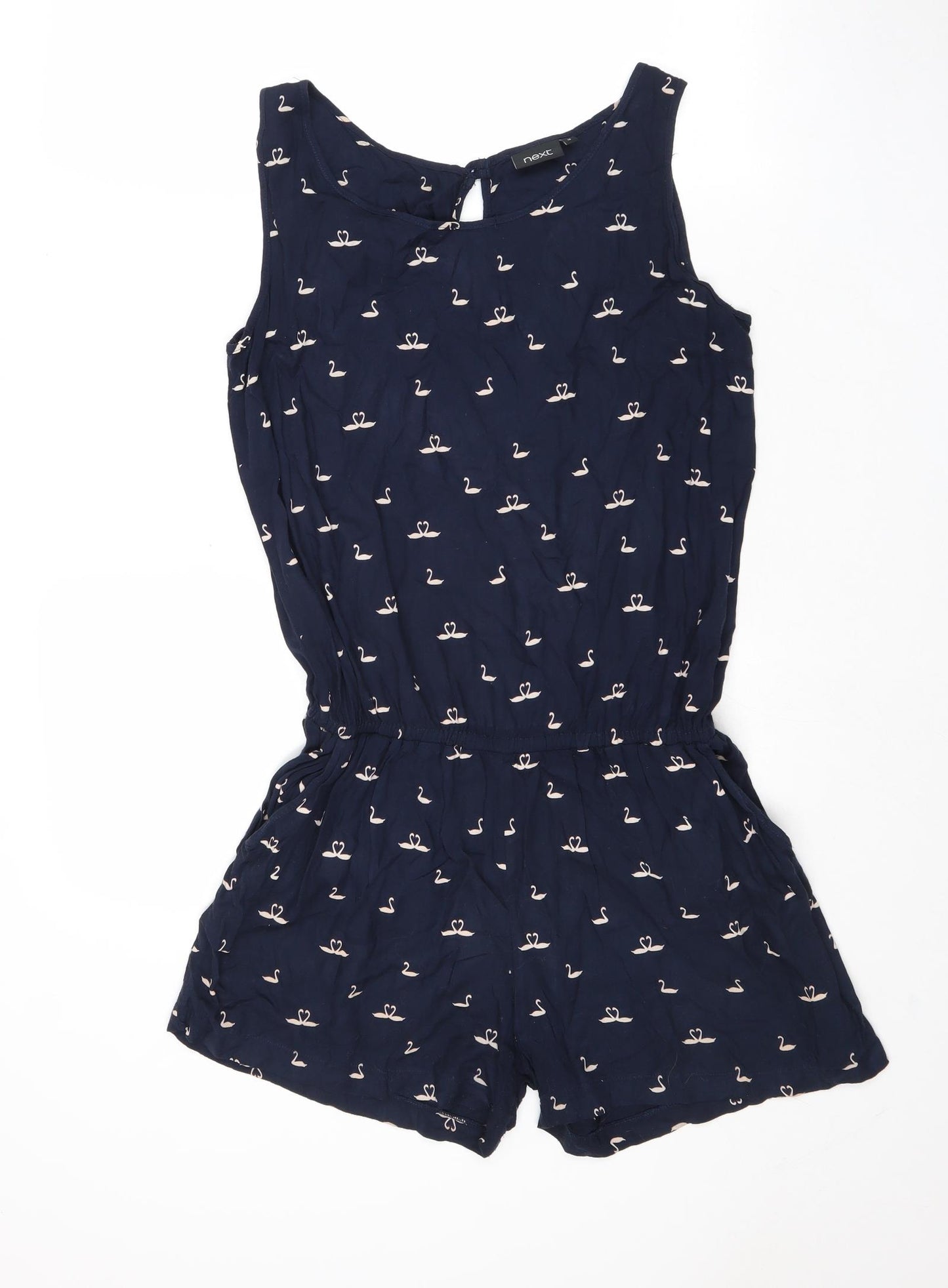 NEXT Womens Blue Geometric Viscose Playsuit One-Piece Size 10 Button - Swan Print