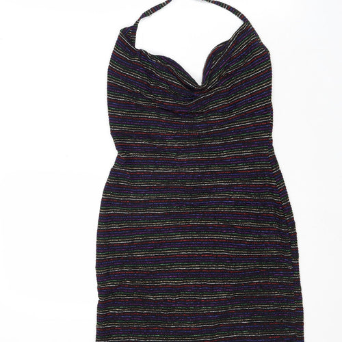 PRETTYLITTLETHING Womens Black Striped Polyacrylate Fibre Bodycon Size 10 Halter Tie