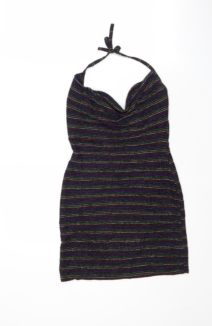 PRETTYLITTLETHING Womens Black Striped Polyacrylate Fibre Bodycon Size 10 Halter Tie