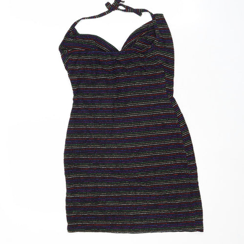 PRETTYLITTLETHING Womens Black Striped Polyacrylate Fibre Bodycon Size 10 Halter Tie