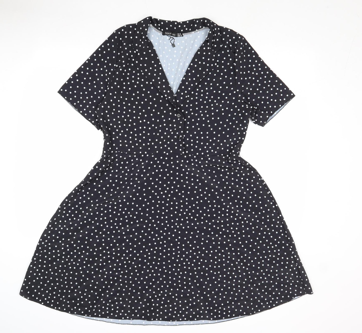 Boohoo Womens Black Polka Dot Polyester A-Line Size 16 V-Neck Zip