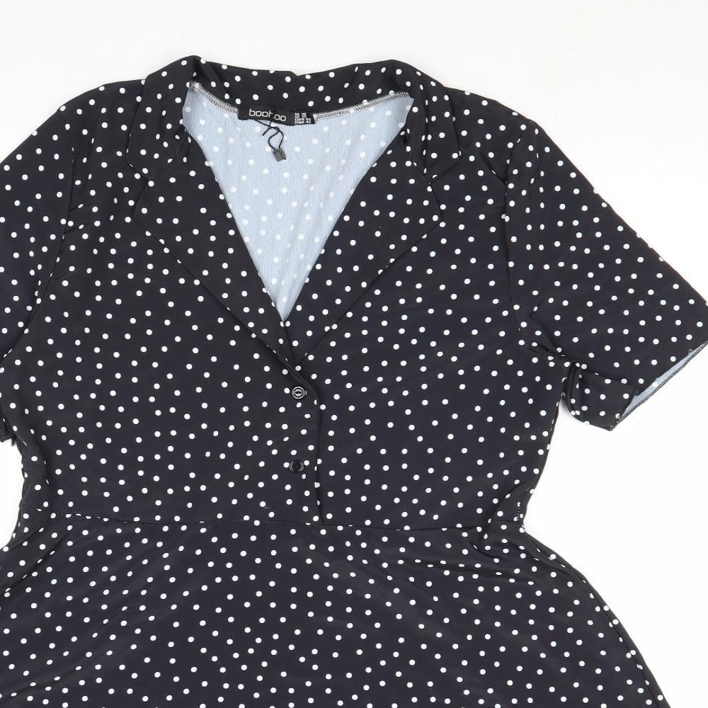 Boohoo Womens Black Polka Dot Polyester A-Line Size 16 V-Neck Zip