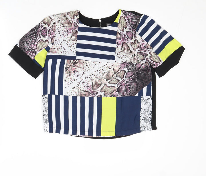 Topshop Womens Black Geometric Polyester Basic T-Shirt Size 8 Round Neck