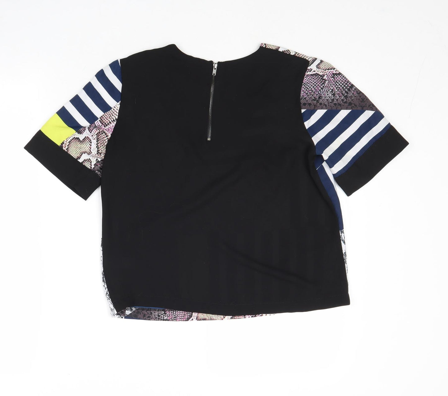 Topshop Womens Black Geometric Polyester Basic T-Shirt Size 8 Round Neck