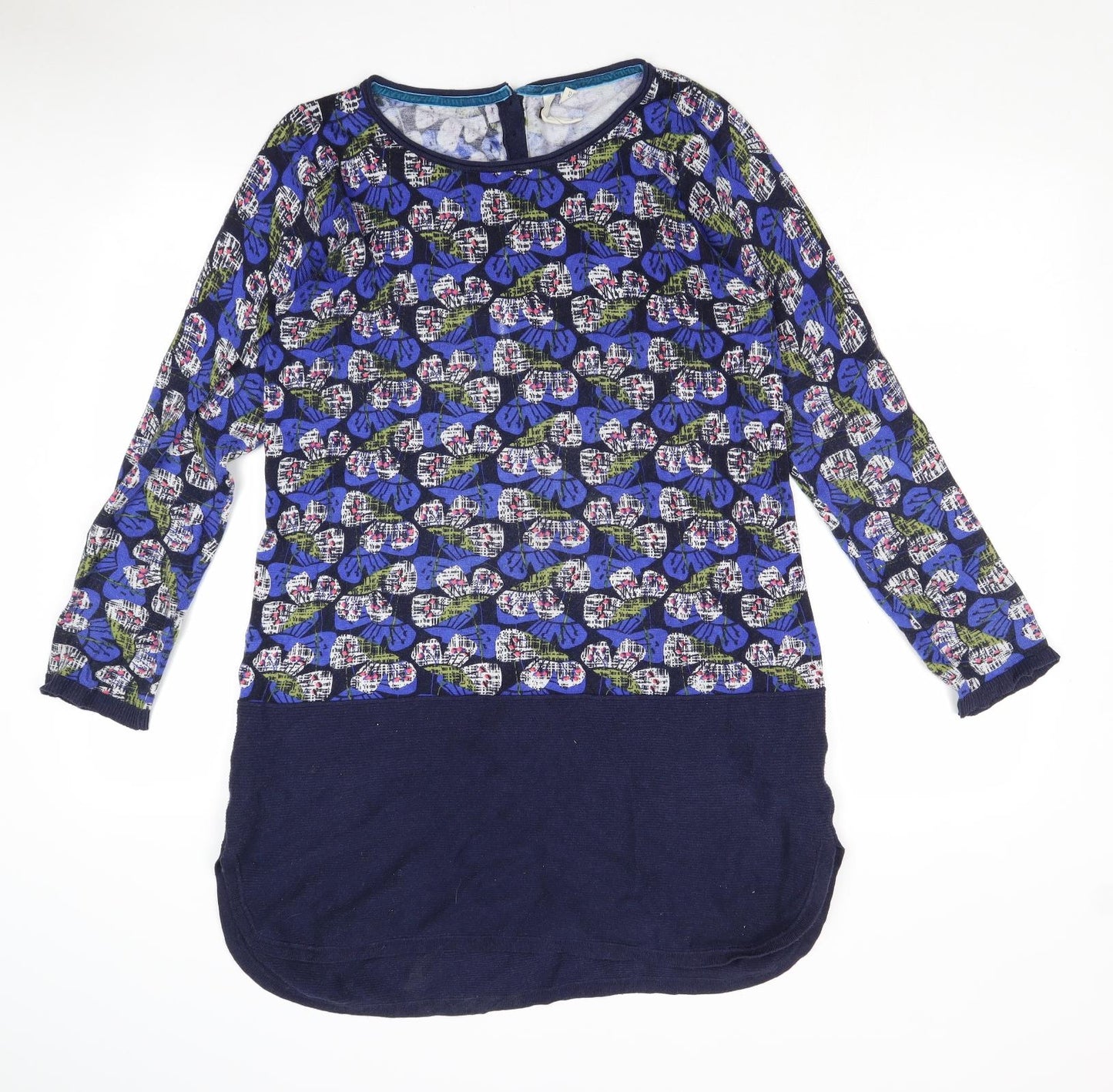 White Stuff Womens Blue Geometric Cotton A-Line Size 12 Round Neck Button