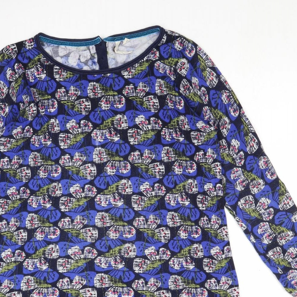 White Stuff Womens Blue Geometric Cotton A-Line Size 12 Round Neck Button