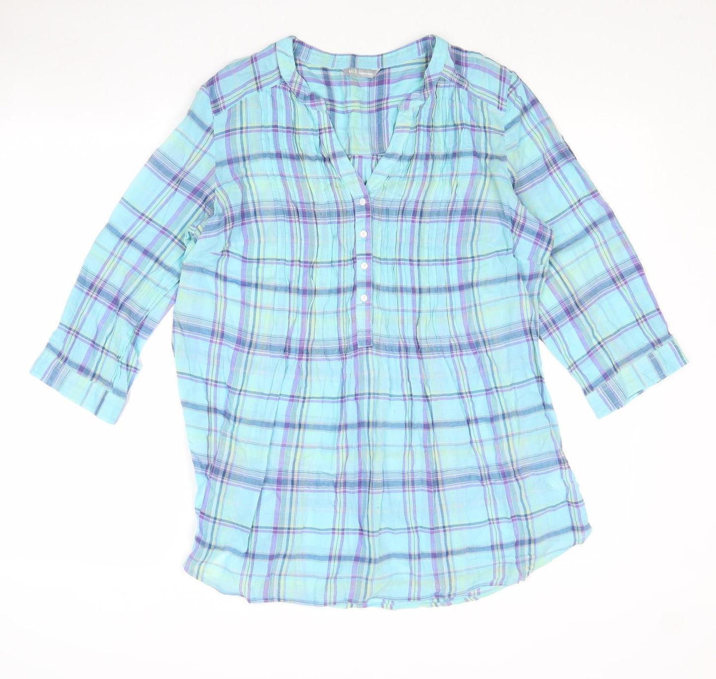 Marks and Spencer Womens Blue Geometric Cotton Basic Blouse Size 14 V-Neck