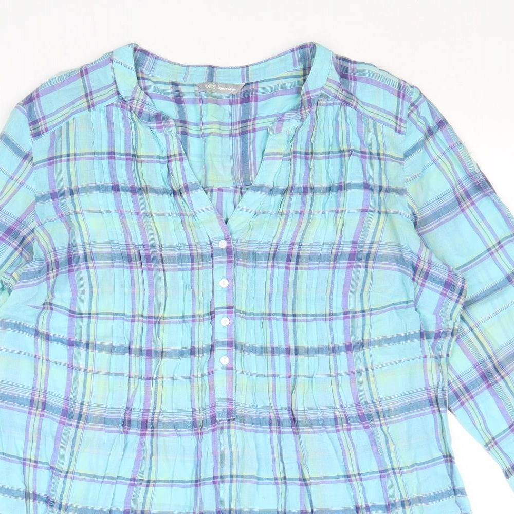 Marks and Spencer Womens Blue Geometric Cotton Basic Blouse Size 14 V-Neck