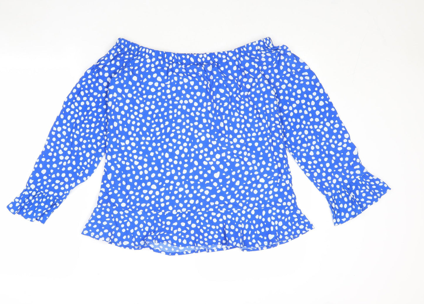 Sosandar Womens Blue Geometric Polyacrylate Fibre Basic Blouse Size 8 Off the Shoulder