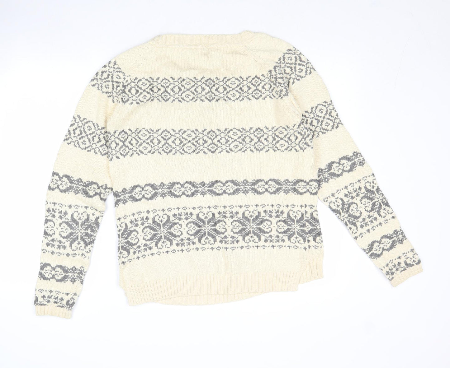 Fat Face Womens Ivory Round Neck Fair Isle Cotton Pullover Jumper Size 14