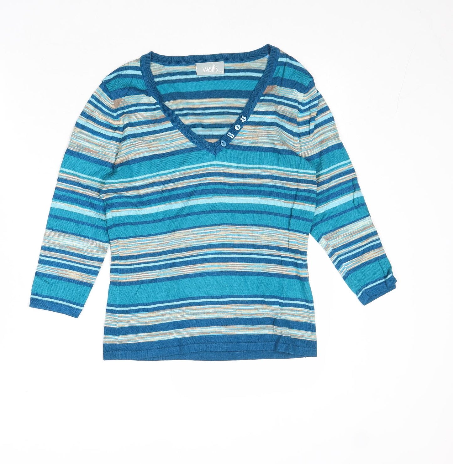 Wallis Womens Blue V-Neck Striped Viscose Pullover Jumper Size 14