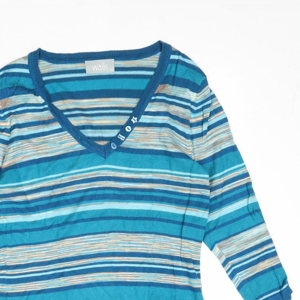 Wallis Womens Blue V-Neck Striped Viscose Pullover Jumper Size 14