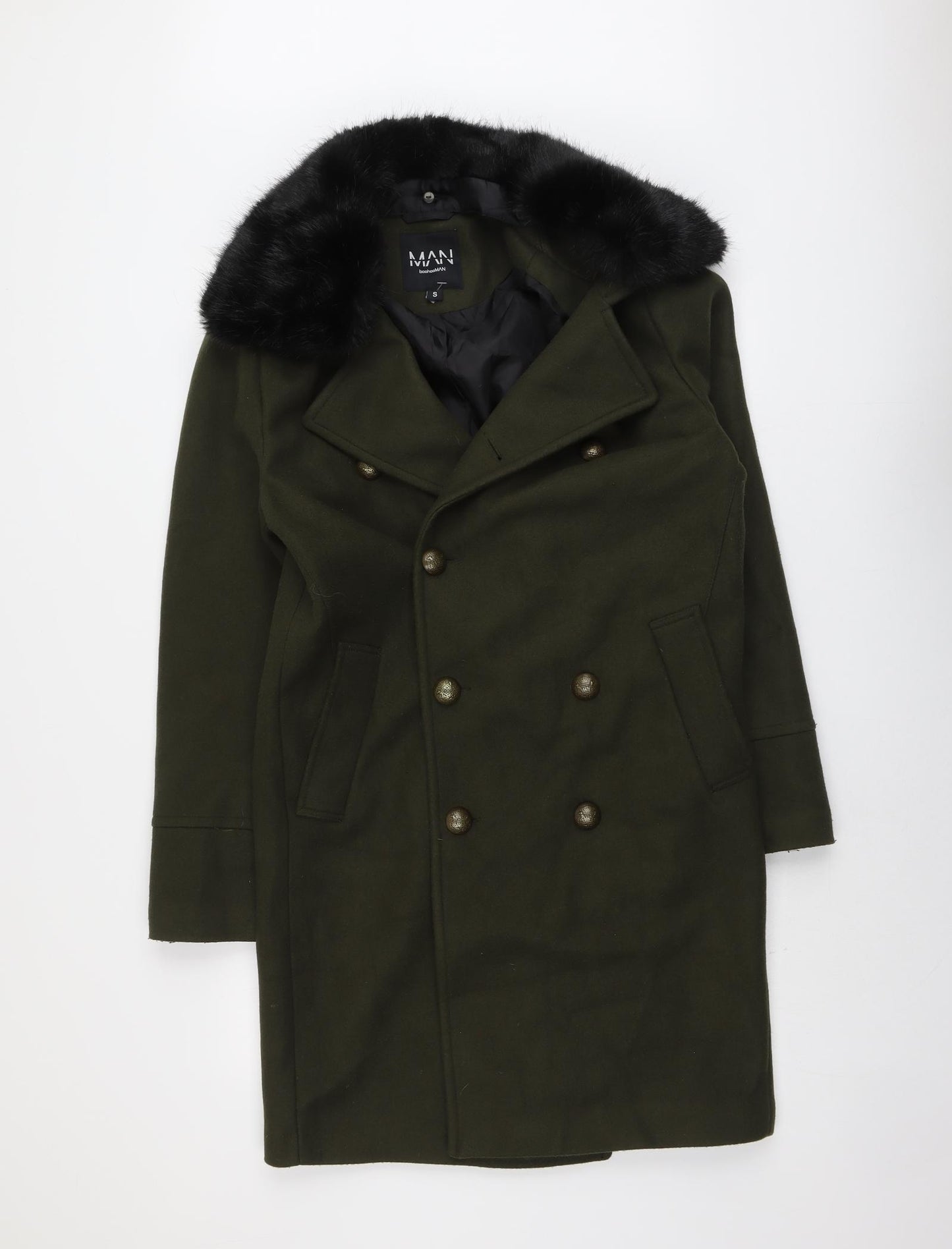 Boohoo Mens Green Pea Coat Coat Size S Button - Faux Fur Collar