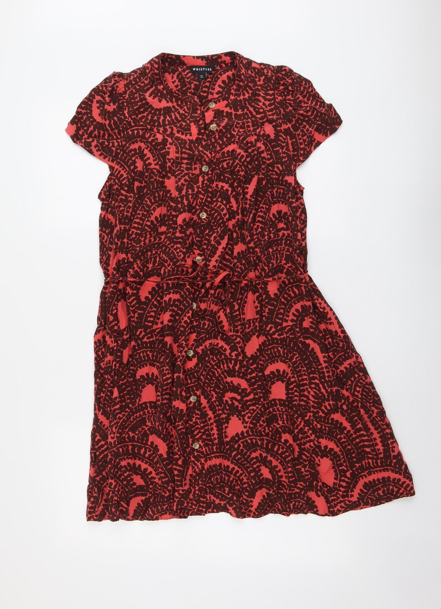 Whistles Womens Red Geometric Cupro Fit & Flare Size 10 Round Neck Button