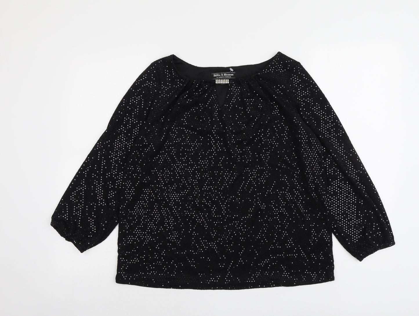 Billie&Bolssom Womens Black Geometric Nylon Basic Blouse Size 12 Round Neck