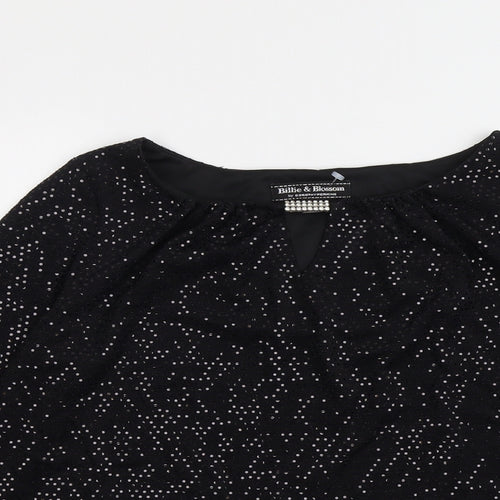 Billie&Bolssom Womens Black Geometric Nylon Basic Blouse Size 12 Round Neck