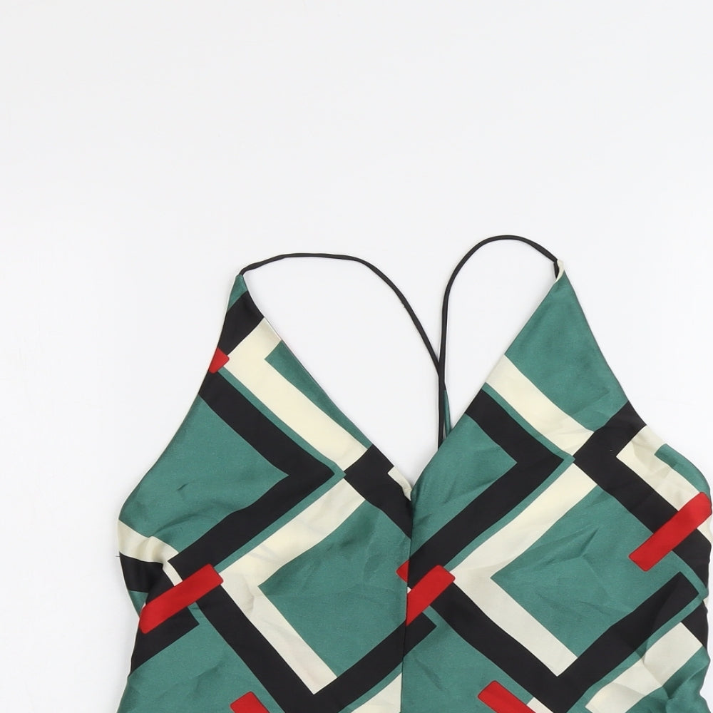 Zara Womens Multicoloured Geometric Polyester Basic Tank Size M V-Neck