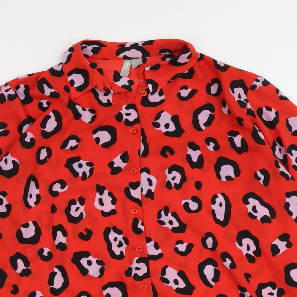 ASOS Womens Red Animal Print Polyester Basic Button-Up Size 10 Collared - Leopard Pattern