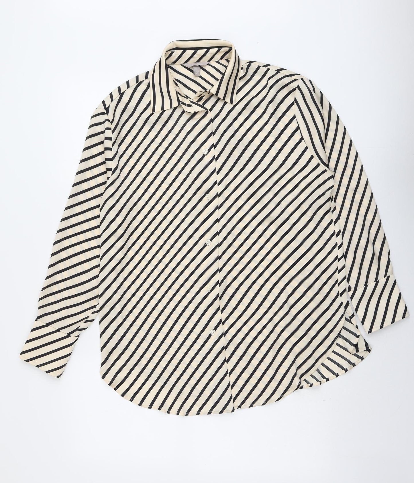 H&M Womens Beige Striped Polyester Basic Button-Up Size S Collared