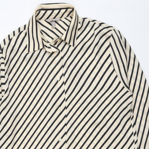 H&M Womens Beige Striped Polyester Basic Button-Up Size S Collared