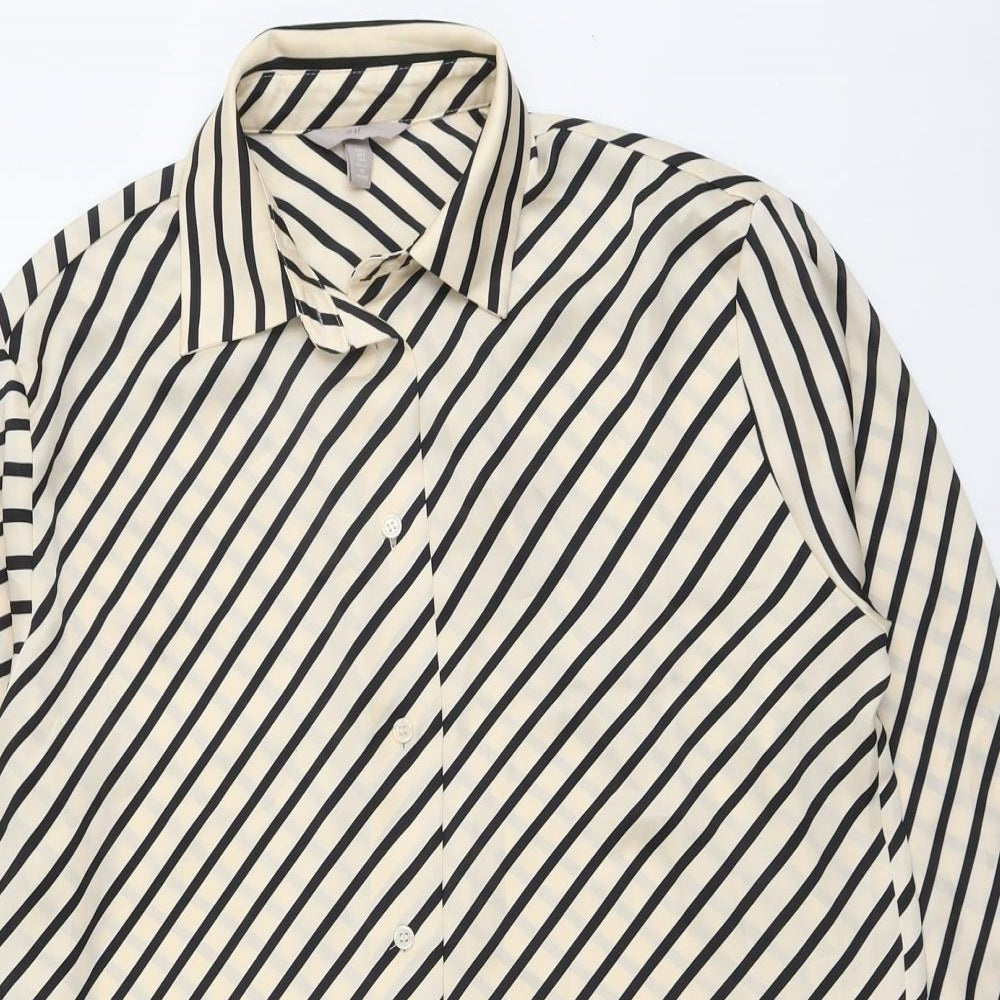H&M Womens Beige Striped Polyester Basic Button-Up Size S Collared