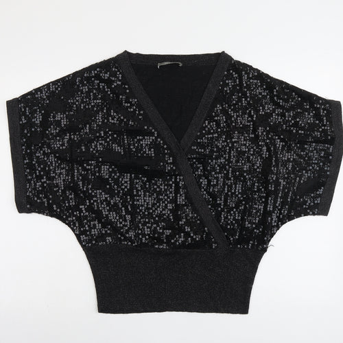 Oasis Womens Black Viscose Cropped Blouse Size M V-Neck