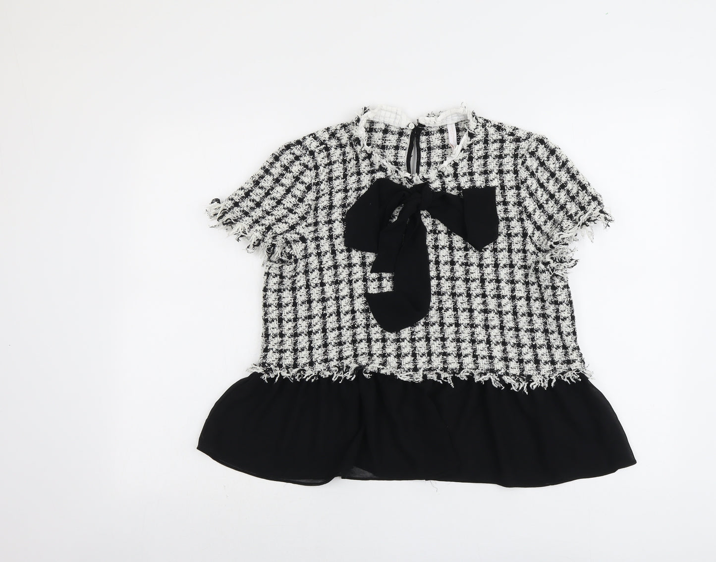 Zara Womens Black Check Polyester Basic T-Shirt Size L Round Neck