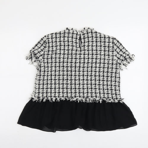 Zara Womens Black Check Polyester Basic T-Shirt Size L Round Neck