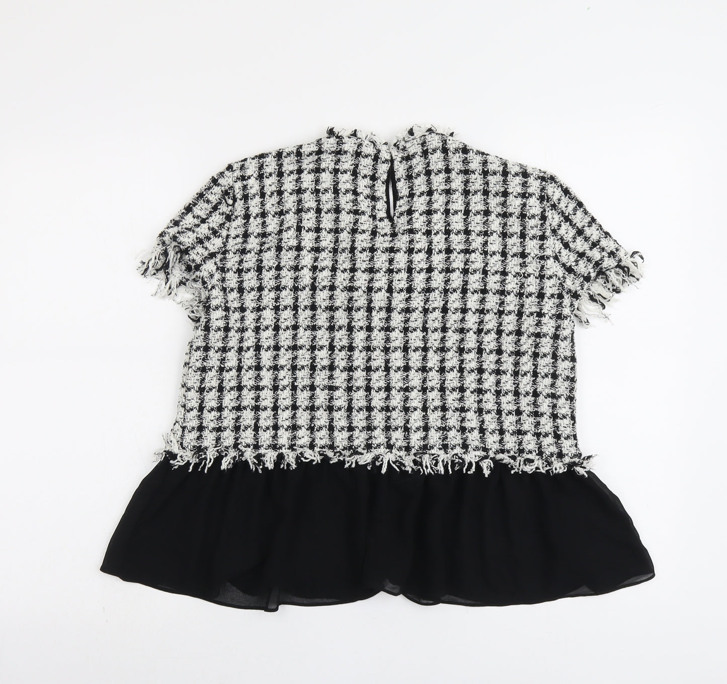 Zara Womens Black Check Polyester Basic T-Shirt Size L Round Neck