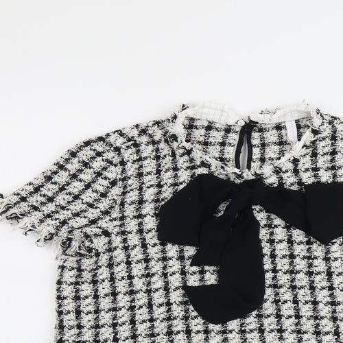 Zara Womens Black Check Polyester Basic T-Shirt Size L Round Neck