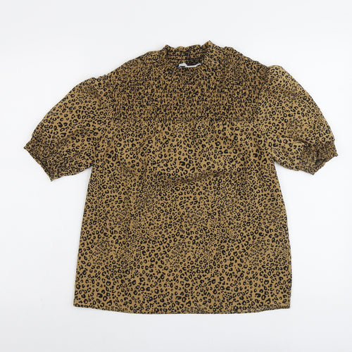 &et Womens Brown Animal Print Polyester Basic Blouse Size 8 Mock Neck - Leopard Pattern