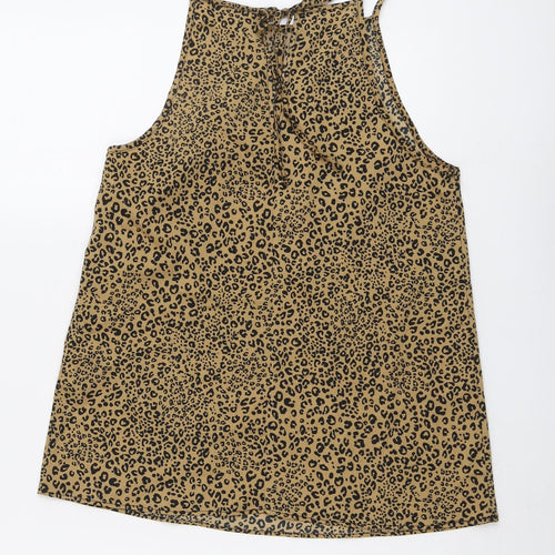 &et Womens Brown Animal Print Polyester Basic Tank Size 8 Round Neck - Leopard Pattern