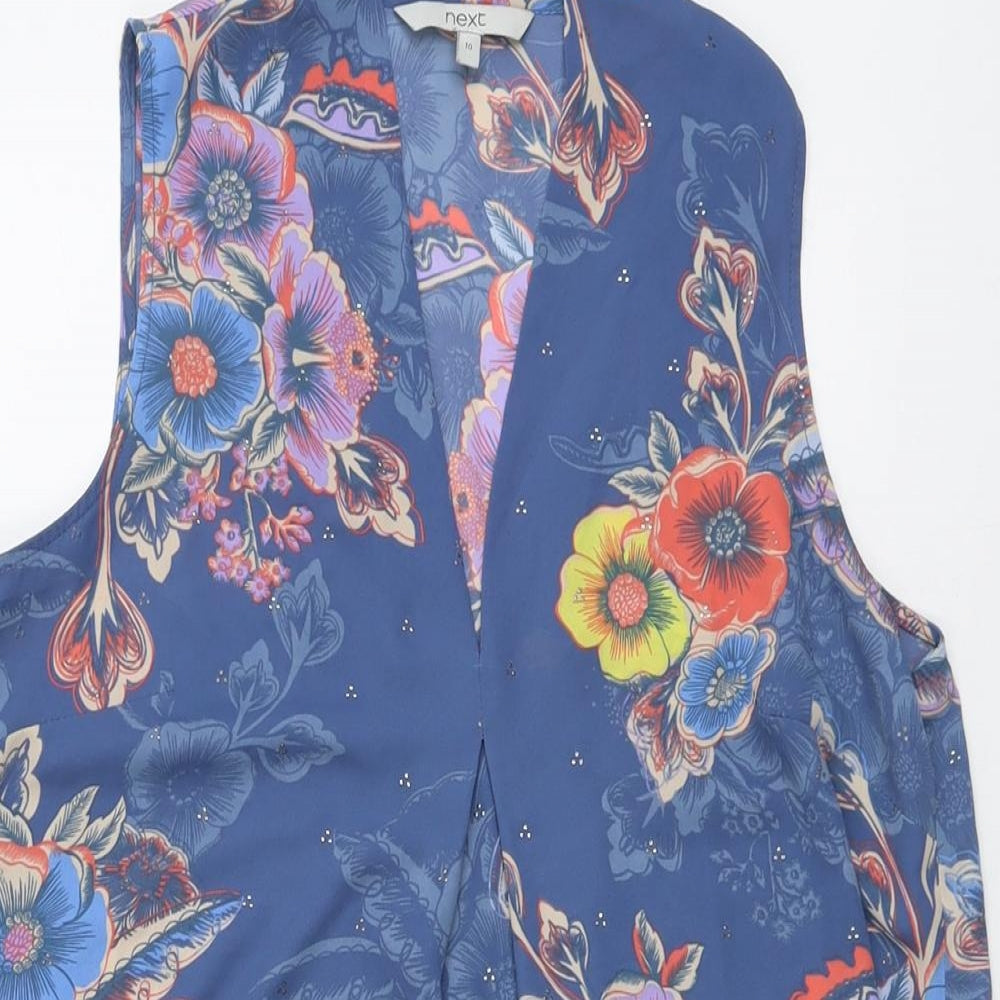 NEXT Womens Blue Floral Polyester Basic Tank Size 10 V-Neck
