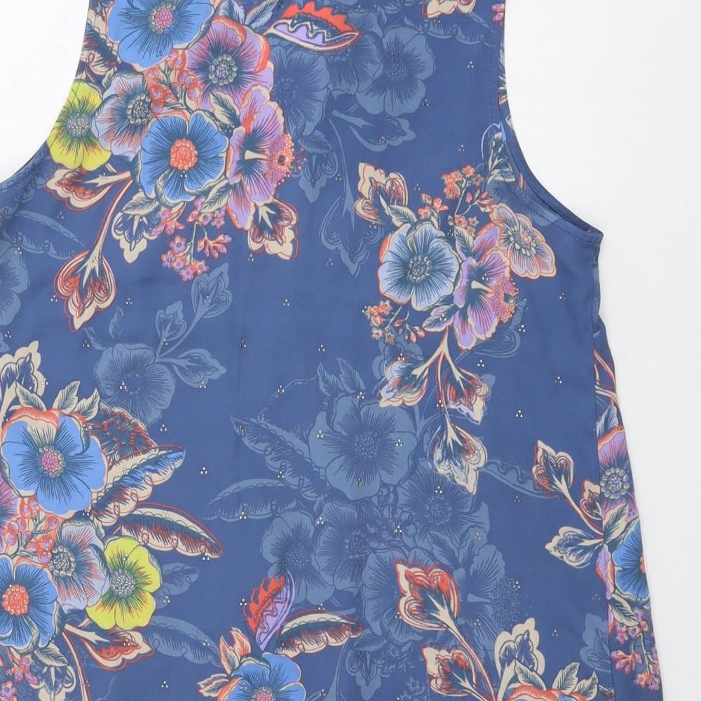 NEXT Womens Blue Floral Polyester Basic Tank Size 10 V-Neck