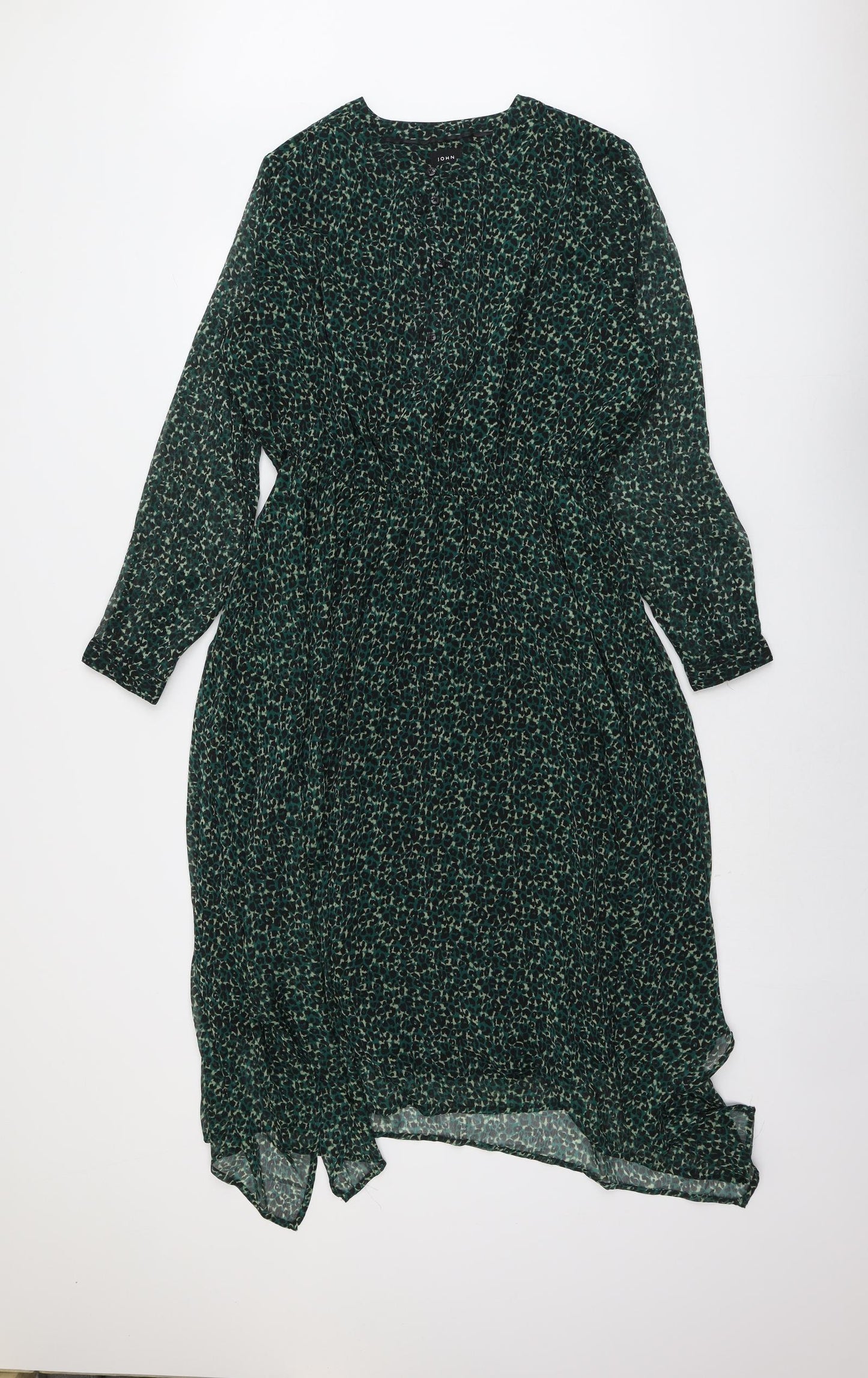 John Lewis Womens Green Animal Print Polyester A-Line Size 14 Boat Neck Button - Leopard Print