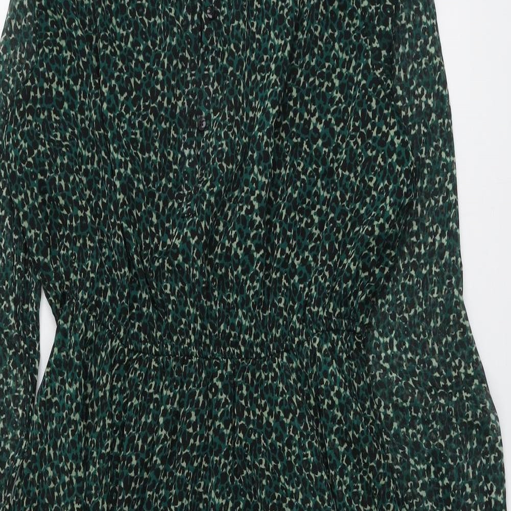 John Lewis Womens Green Animal Print Polyester A-Line Size 14 Boat Neck Button - Leopard Print
