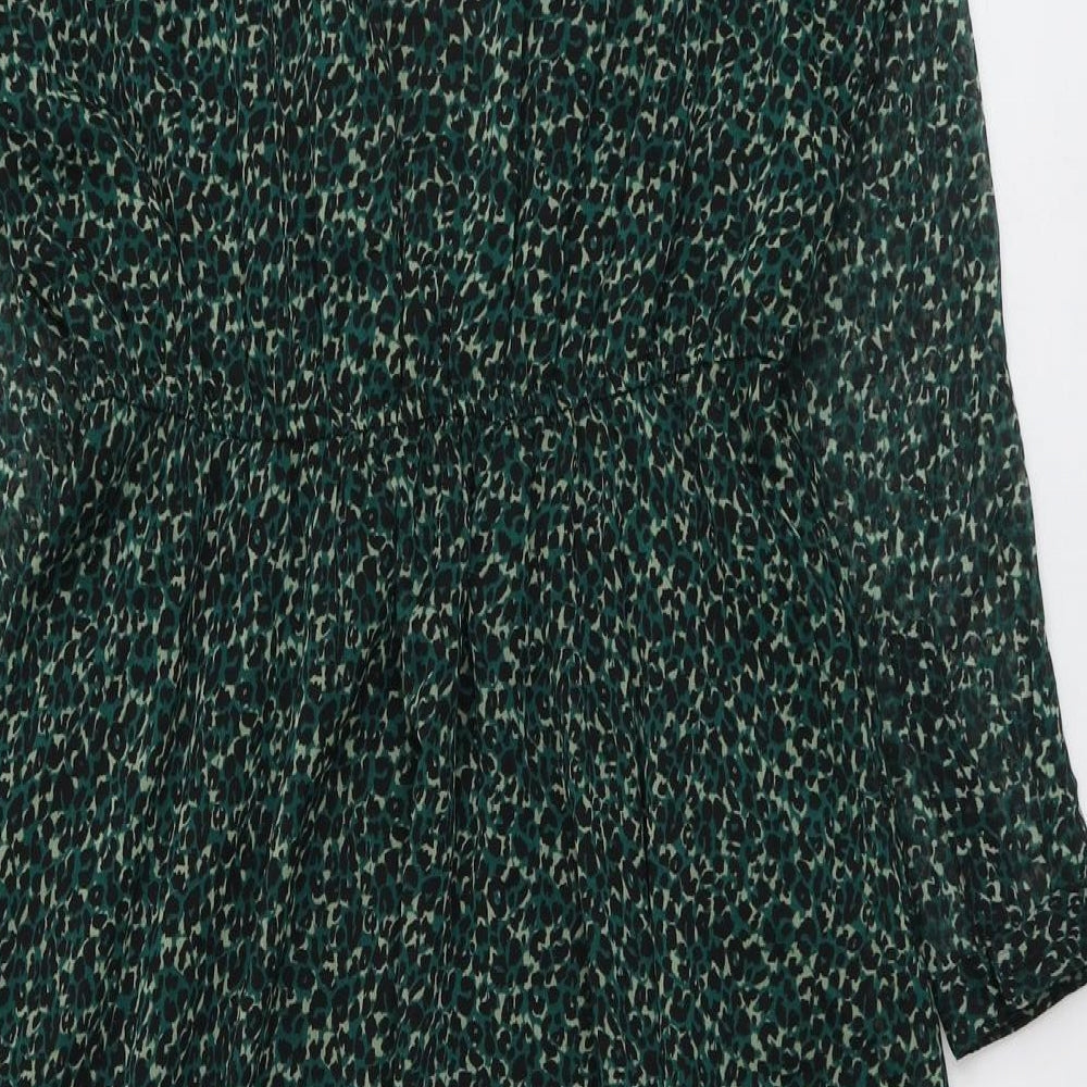 John Lewis Womens Green Animal Print Polyester A-Line Size 14 Boat Neck Button - Leopard Print