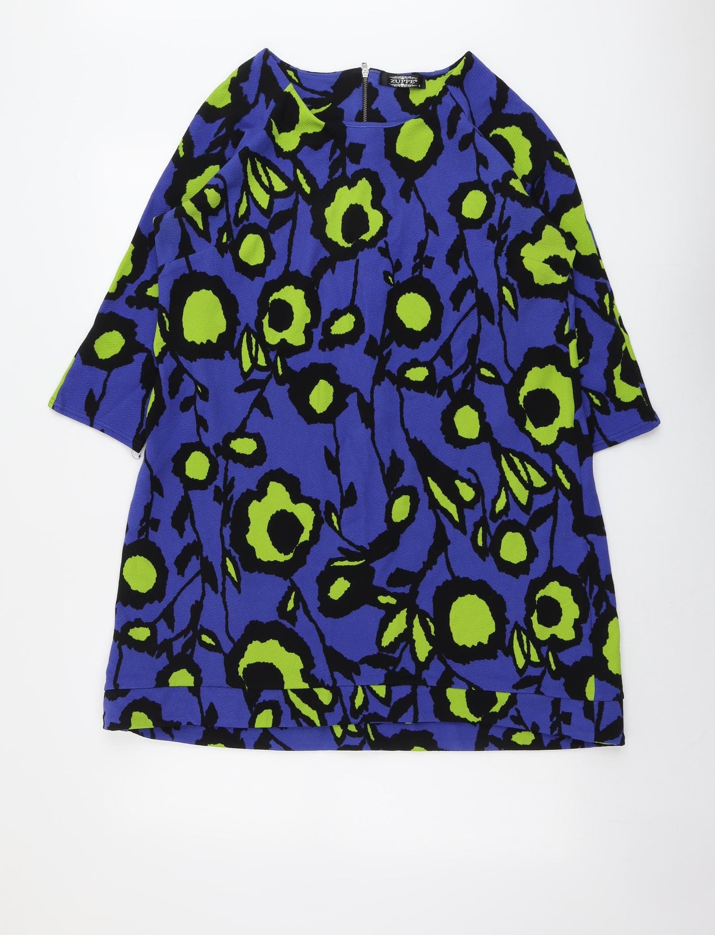 Zuppe Womens Blue Geometric Polyester A-Line Size 4 Boat Neck Zip
