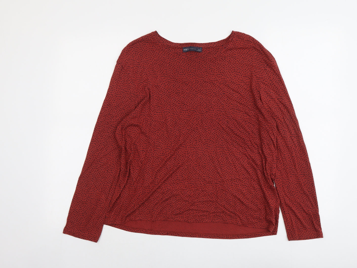 Marks and Spencer Womens Red Geometric Viscose Basic T-Shirt Size 12 Round Neck