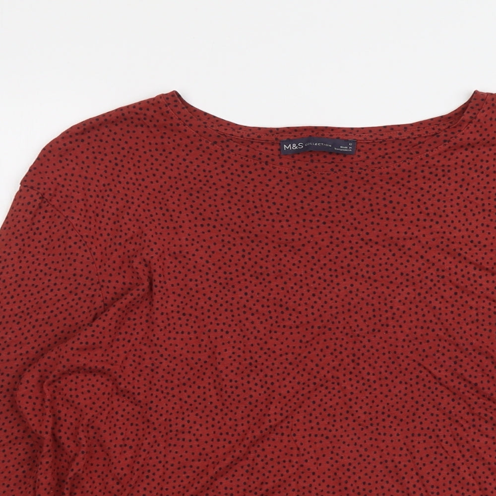 Marks and Spencer Womens Red Geometric Viscose Basic T-Shirt Size 12 Round Neck
